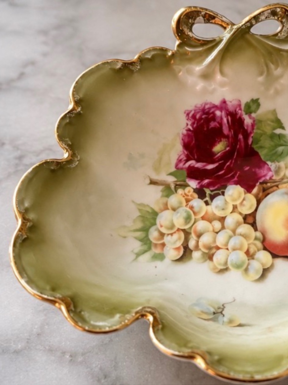 Vintage HR Bavaria Hand-Painted Porcelain Fruit & Rose Scalloped Dish